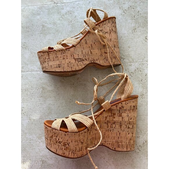 Ralph Lauren Purple Label 39.5 Beige Braided Raffia Wedge Sandals Cork Platform - Picture 4 of 11